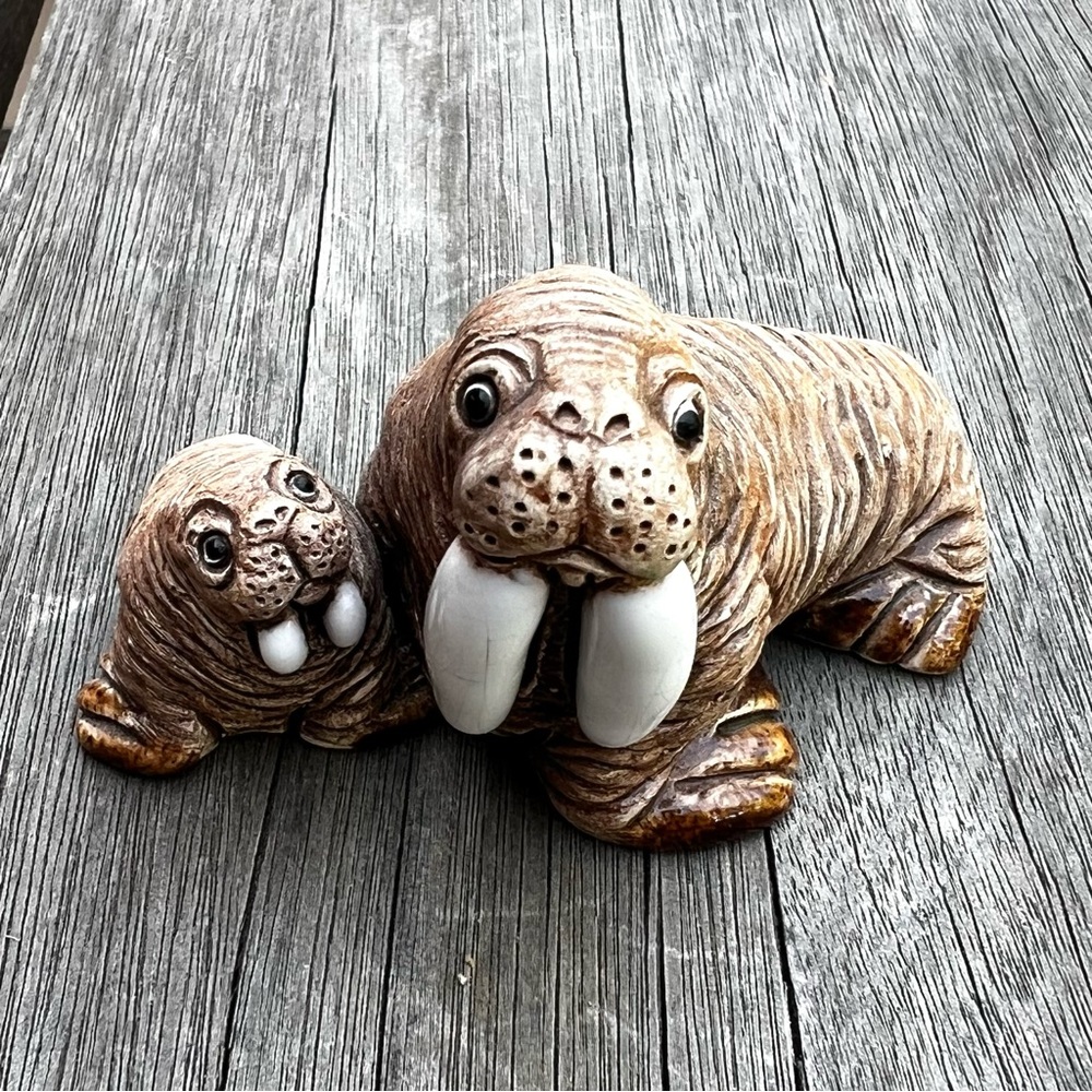 Small Handmade Walrus Mom and Baby Clay Figurine Made in COAD Peru